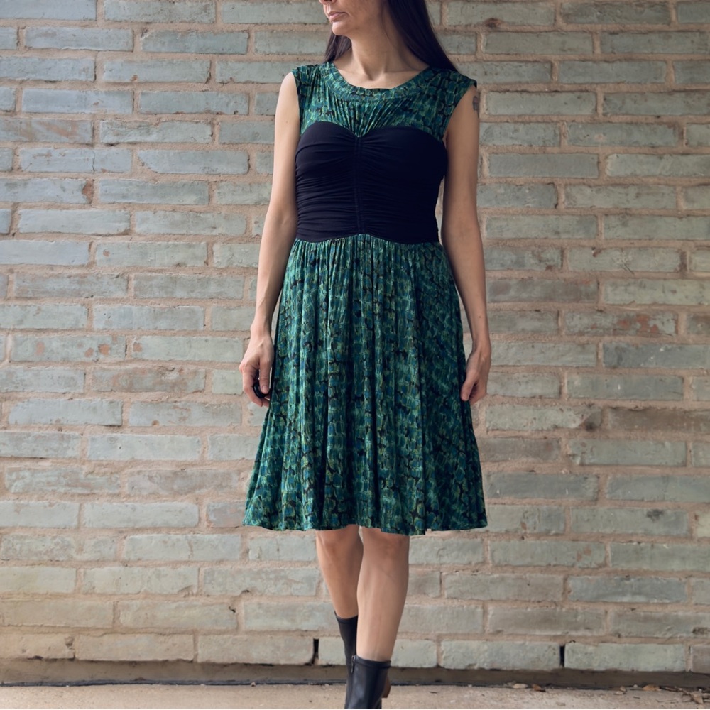 Anthropologie Braque Bodice Dress Plenty Tracy Reese Green Black Ruched Jersey